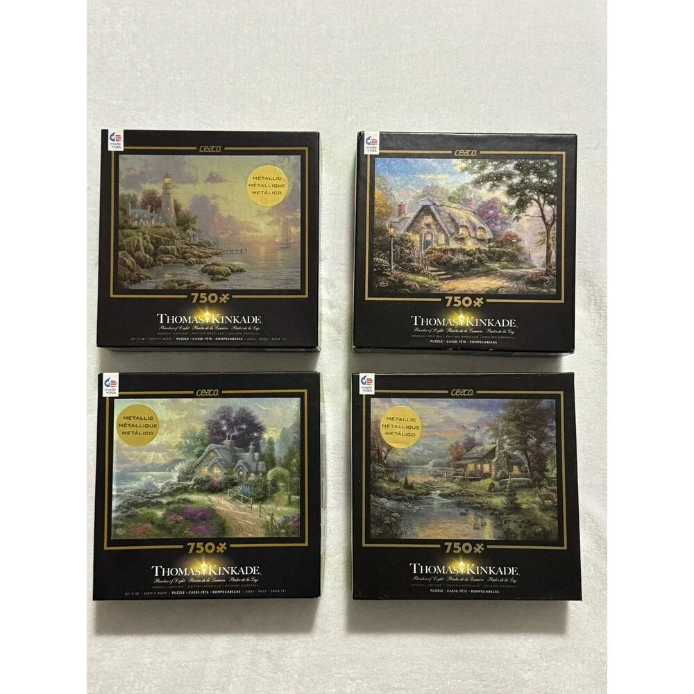 Thomas Kinkade 750 Piece Puzzle Metallic Lot of 4 Puzzles Lighthouse Cottage